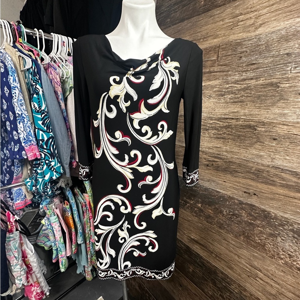 White House Black Market White Black Sheath Dress with Cowl Neck